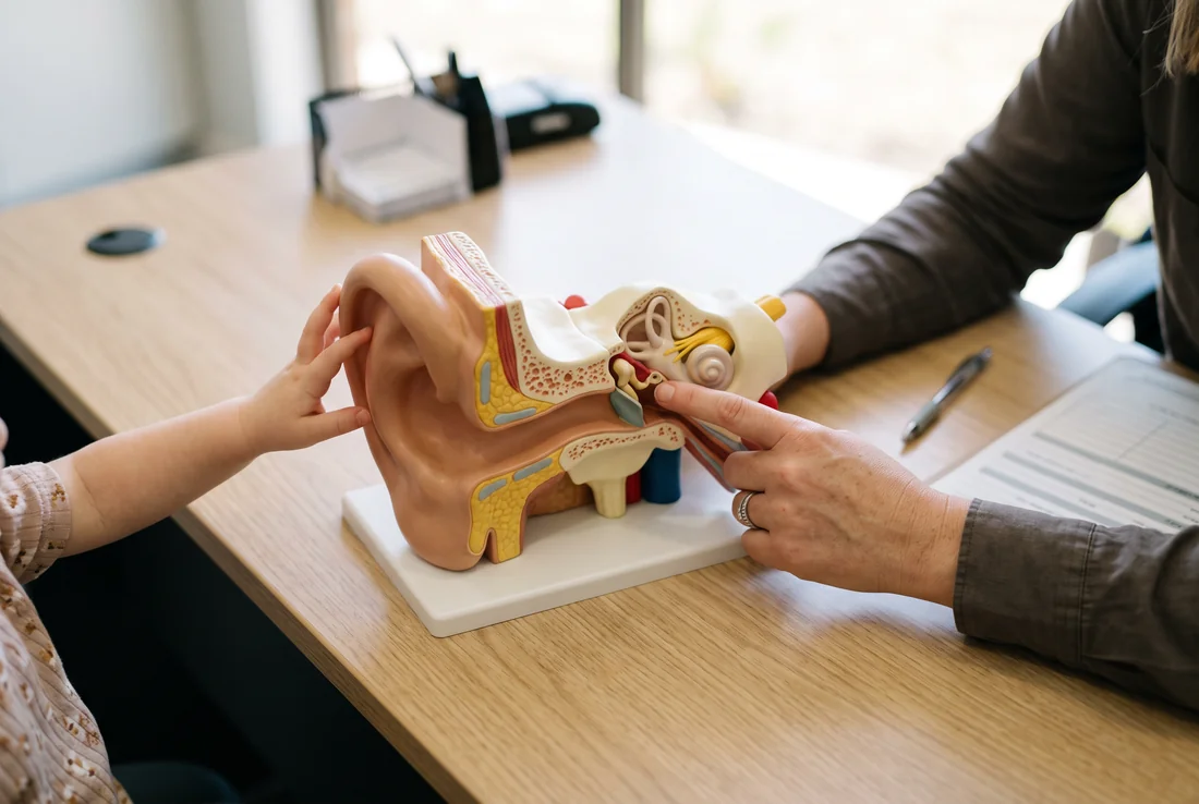 An audiologist pointing to the inner ear on an ear model while a child touches the outer ear.