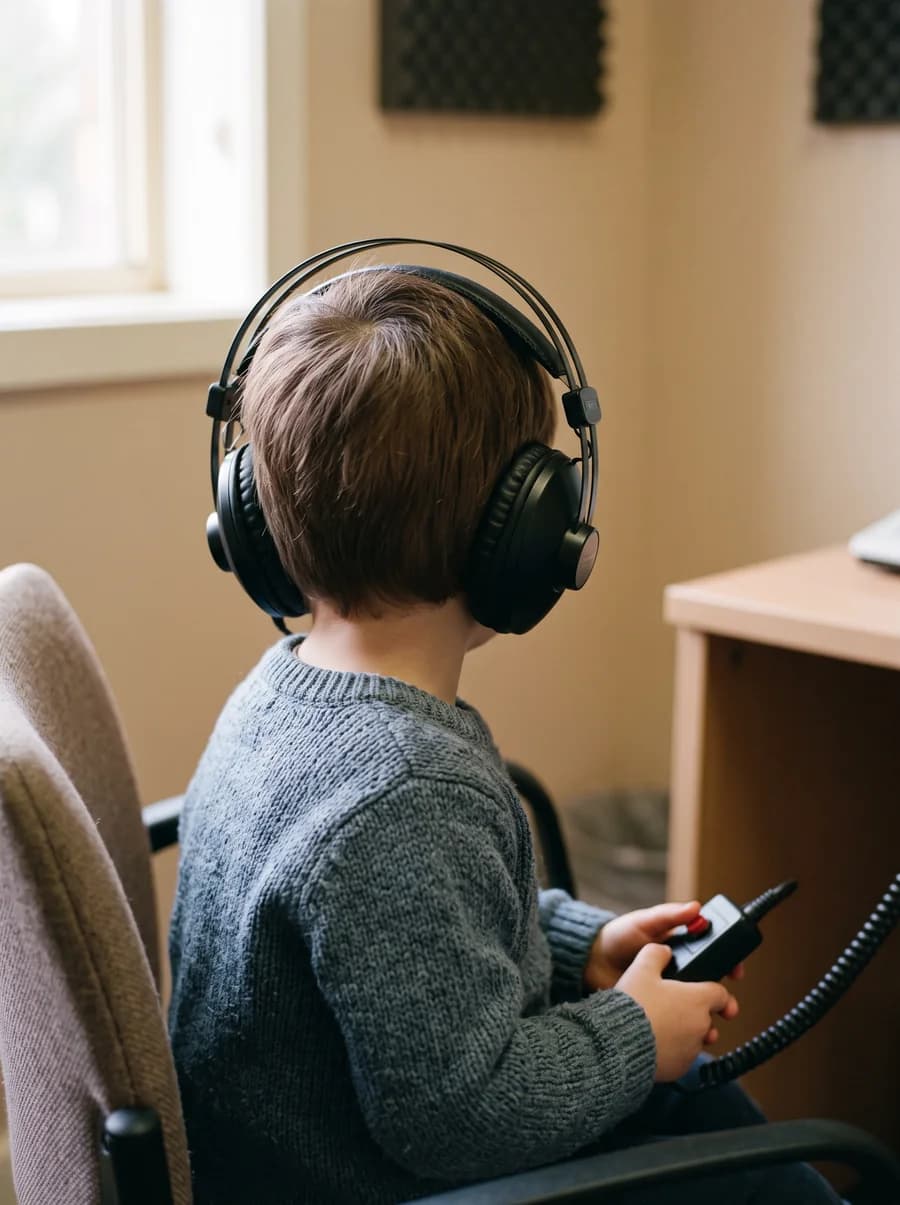 A child seen from behind wearing test headphones and holding a response button