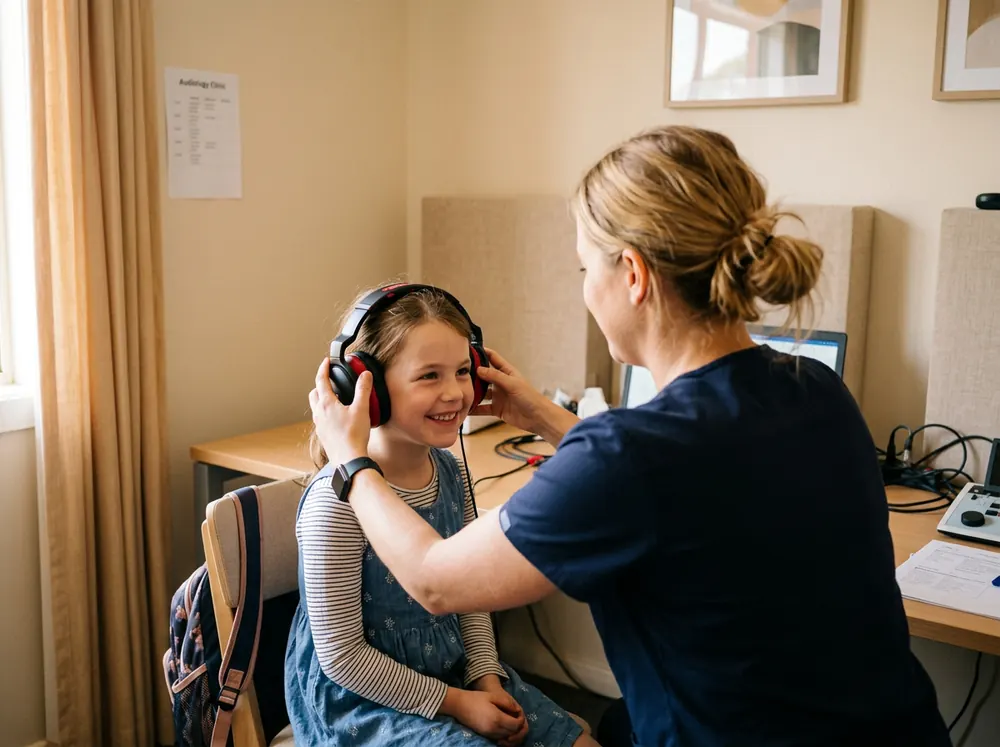 A child wearing test headphones during a children's hearing test