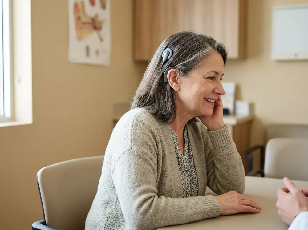 A patient wearing a cochlear implant sound processor