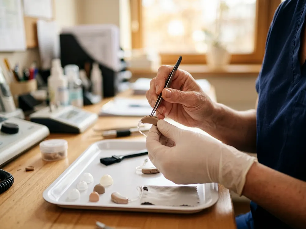 A hearing aid being cleaned and repaired on the clinic bench