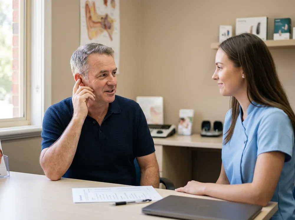 A patient talking through tinnitus with an audiologist